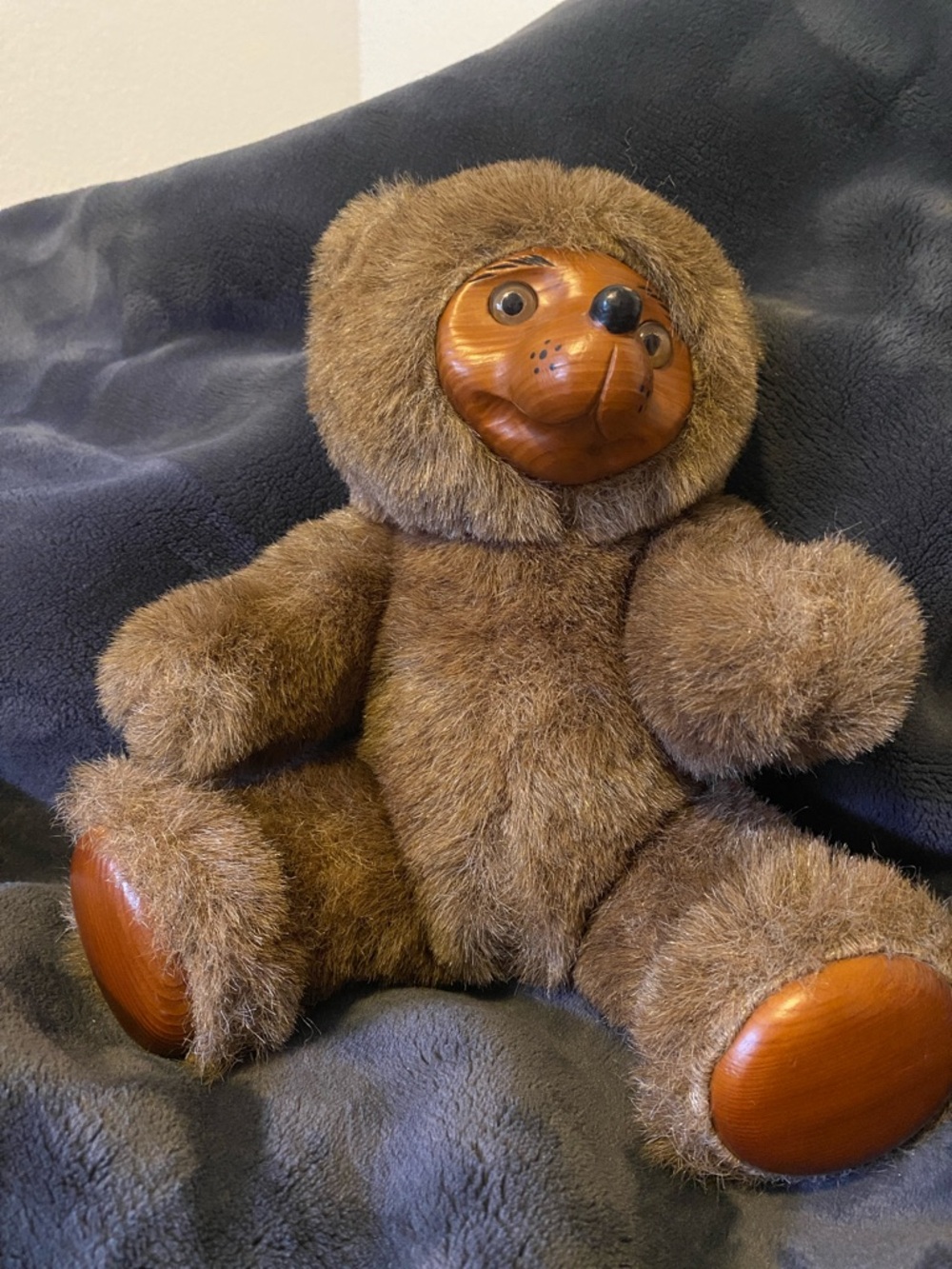 Plush Brown Teddy with Wooden Face and Paw Accents